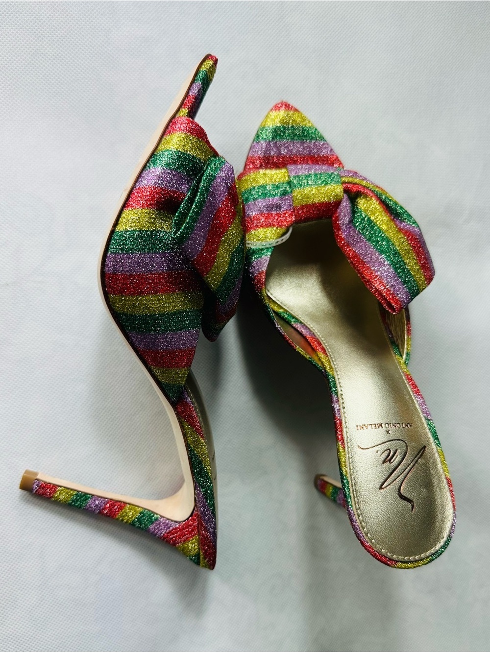 ANTONIO MELANI Rainbow Striped Bow Pointed Heels- Multicolor Glitter - Picture 12 of 14